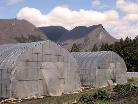 Glasshouses in a rural mountain region in the very early spring season.の写真素材