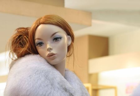 Portrait of a woman mannequin in front of a shop.On th face there are some interesting eyelashes shadows.の写真素材