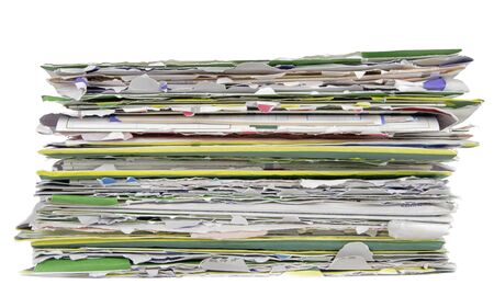 Image of a stack of careless opened envelopes with bills over white background