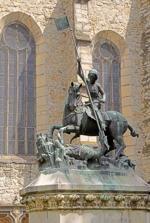 Image of the statue of Saint Gheorghe fighting with the dragon- Cluj Napoca, Romania.の写真素材