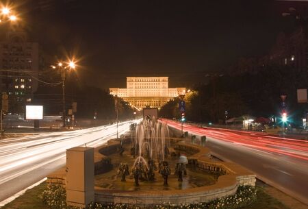 Night traffic in front of the the House of Parliament,Bucharest,Romania.の写真素材