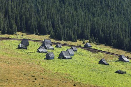 Image of a traditional mountain village in Apuseni Mountains,Romania. The houses are made of wood, without using a single piece of iron.の写真素材