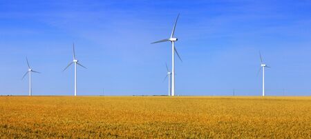 Wind turbines in a weat field.の写真素材