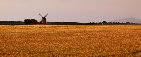 Evening landscape with a traditional windmill and modern irrigation tool in a field of cereals in the central region of France.の写真素材