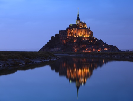Night image of the Monastry from Mountain Saint Michel in northern France.の写真素材