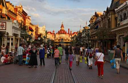 Paris,France,July 11th 2010: Image of the main street in Disneyland Paris at the dusk.のeditorial素材