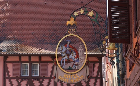 Colmar,France- May 8th, 2011: Detail image of the logo of the traditional Hotel Saint Martin in Colmar,Alsace in north-eastern France.Colmar is an attractive commune in Haut-Rhin department in France and it is considered to be the Capital of Alsatian Wineのeditorial素材