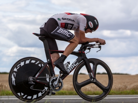 Beaurouvre,France, July 27 2012:Image of the American cyclist Van Garderen Tejay (  BMC Racing Team) wearing The White Jersey ( the best young rider) during the 19th stage- a time trial  between Bonneval and Chartres- of のeditorial素材