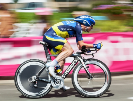 Beaurouvre,France, July 27 2012:Paning image of the Belgian cyclist  Nuyens Nick (Team Saxo-Bank Thinkoff Bank) riding during the 19th stage- a time trial  between Bonneval and Chartres- of のeditorial素材
