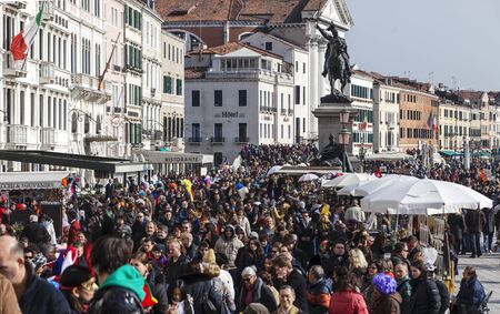 Venice,Italy- February 18, 2012: Crowd of tourists walking in Sestiere Castello in Venice during Tthe Carnival days.Sestiere Castello (The Castello District) is the largest district in Venice.のeditorial素材