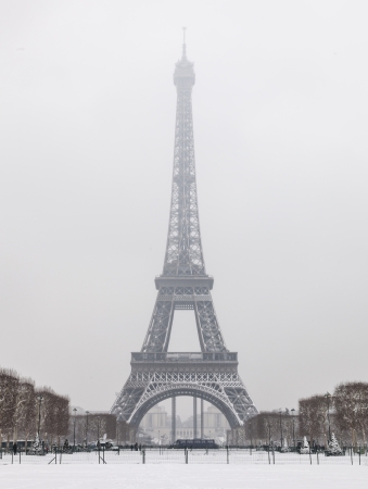  Image of the Eiffel Tower from Champs de Mars after the first night snowfall of the year in Paris.の写真素材