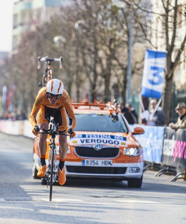 Houilles, France- March 3rd 2013: The Spanish cyclist Verdugo Gorka from Euskaltel-Euskadi team, riding during the prologue of the cycling road race Paris- Nice 2013 in Houilles on March 3rd 2013. のeditorial素材