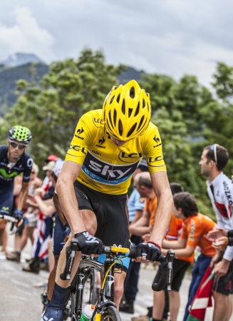 ALPE D HUEZ, FRANCE, JUL 18 Christopher Froome,Yellow Jersey, in a difficult moment climbing the road to Alpe-D Huez, during the stage 18 of the edition 100 of Le Tour de France on July 18 2013 のeditorial素材