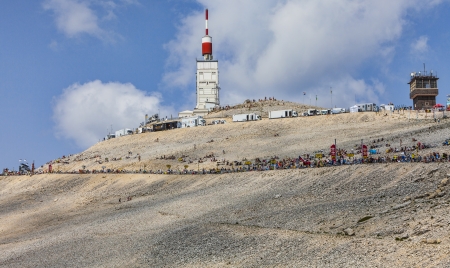 Mont Ventoux, France- July 14 2013  Fans on the roadside to the top of Mount Ventoux few hours before the apparition of the cyclists during the stage 15 of the 100 edition of Le Tour de France 2013  のeditorial素材