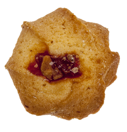 Upper view of a cookie with jam isolated against a white backgroundの写真素材