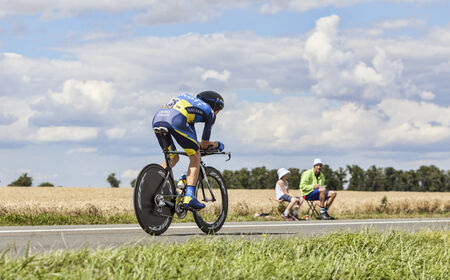 Beaurouvre,France,21st 2012 The Danish cyclist Chris Sorensen from Team Tinkoff-Saxo pedaling during the 19th stage of Le Tour de France 2012- a time trial between Bonneval and Chartres のeditorial素材