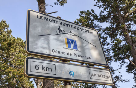 Mont Ventoux, France- July 14 2013  Road indicator on the route to Mount Ventoux during the stage 15 of the 100 edition of Le Tour de France 2013 のeditorial素材