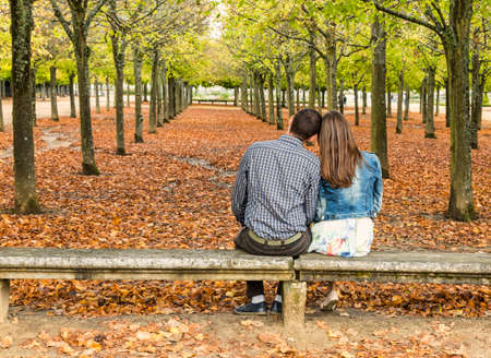 Rear view of a young couple sitting head in head on a bench in an urban park in autumnの写真素材