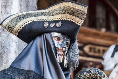 Venice, Italy- February 18th, 2012: Portrait of a disguised person with a tricorn during the Venice Carnival days.のeditorial素材
