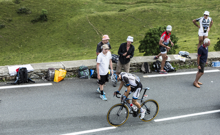 Col de Peyresourde,France- July 23, 2014: The cyclist Tom Dumoulin (Team Giant Shimano ) climbing as a leader the road to Col de Peyresourde in Pyrenees Mountains during the stage 17 of Le Tour de France on 23 July 2014.のeditorial素材