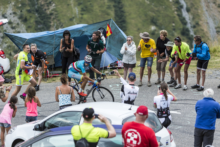 Col du Glandon, France - July 24, 2015: The Italian cyclist Vincenzo Nibali of AstanaTeam,climbing the road to Col du Glandon in Alps, during the stage 19 of Le Tour de France 2015.のeditorial素材