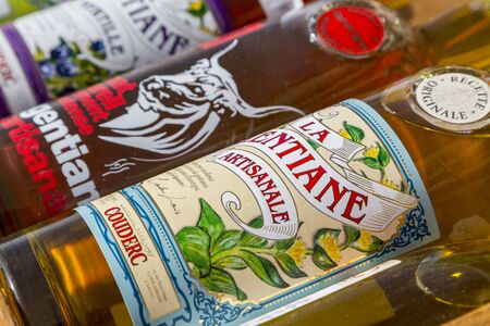 Puy Mary, France - November 2, 2014: Close-up image of few bottles of traditional French Gentian Liquor, specific for Auvergne region located in central France.のeditorial素材