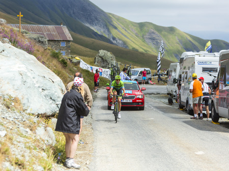 Col de la Croix de Fer, France - 25 July 2015:The Lituanian cyclist Ramunas Navardauskas of 	Cannondale-Garmin Team leading the race, riding to the Col de la Croix de Fer in Alps during the stage 20 of Le Tour de France 2015.のeditorial素材
