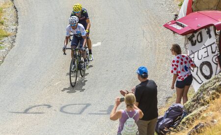 Col de la Croix de Fer, France - 23 July 2015:The cyclists Quintana and Valverde of Movistar Team followed by the biggest favourites, Froome and Nibali, climbing to the Col de la Croix de Fer in Alps during the stage 20 of Le Tour de France 2015.のeditorial素材