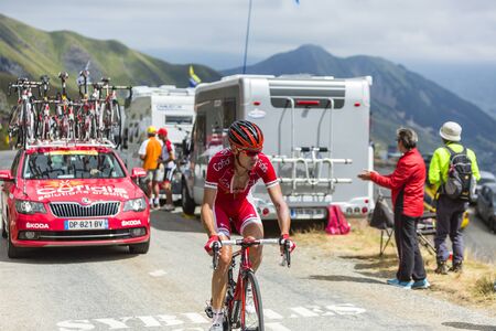 Col de la Croix de Fer, France - 23 July 2015:The French cyclist Nicolas Edet of CofidisTeam leading the race, riding to the Col de la Croix de Fer in Alps during the stage 20 of Le Tour de France 2015.のeditorial素材