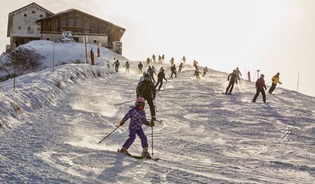 Mont Joux, France- December 29,2014: Unidentified people skiing on a slope in Mont Joux in Beaufortain Massif in Haute-Savoie, close to Mont Blanc Massif.のeditorial素材