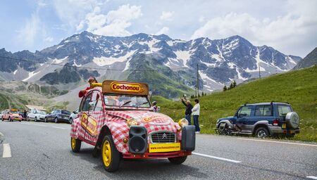 Col du Lautaret, France - July 19, 2014: Cochonou car during the passing of the advertising caravan...
