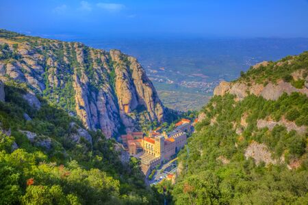Aerial view of the monastery Santa Maria de Montserrat located in Montserrat Mountain in Catalonia Spain.の写真素材