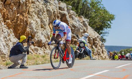 Col du Serre de Tourre,France - July 15,2016: The French cyclist Anthony Roux of FDJ Team riding during an individual time trial stage in Ardeche Gorges on Col du Serre de Tourre during Tour de France 2016.のeditorial素材