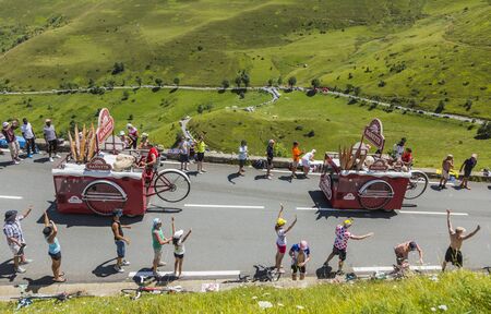 Col de Peyresourde,France- July 23, 2014: Banette vehicle during the passing of the Publicity Caravan on the road to Col de Peyresourde in Pyrenees Mountains in the stage 17 of  Le Tour de France on 23 July 2014.Banette is the leading brand for the artisaのeditorial素材