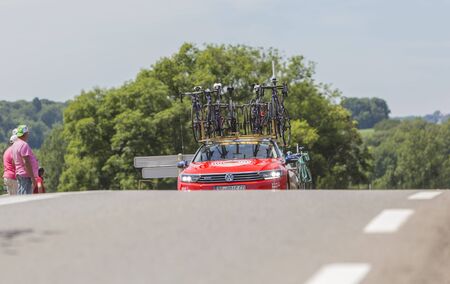 Mailleroncourt-Saint-Pancras, France - July 5, 2017: The technical car of Bahrain-Merida Team approaching on a road to La Planche des Belle Filles during the stage 5 of Tour de France 2017.のeditorial素材