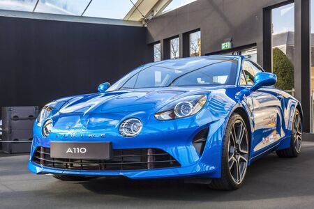 PARIS, FRANCE - FEBRUARY 04, 2018: Alpine A110, the most beautiful car of 2017 is shown at the Concept Cars Exhibition and Automobile Design in Paris on February 04, 2018.のeditorial素材
