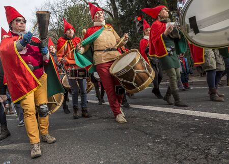 Paris, France - February 11,2018: A band of disguised street musicians performs during the Carnaval de Paris 2018.のeditorial素材