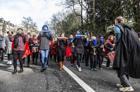Paris, France - February 11,2018: Image of a group of musicants  perfoming in the street during the Carnaval de Paris 2018.のeditorial素材