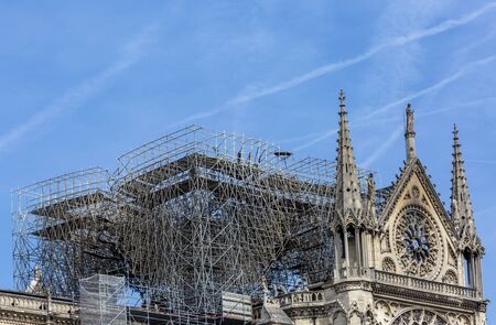 Detail image of the scaffoldings and the remains of Notre Dame Cathedral in Paris after the fire...