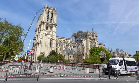 Paris,France - April 18, 2019: Image of the remains of Notre Dame Cathedral two days after a big...