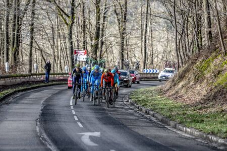 Cote de Senlisse, France - 5 March, 2017: Image of the peloton climbing on Cote de Senlisse during the first stage of Paris-nice on 05 March 2017.のeditorial素材