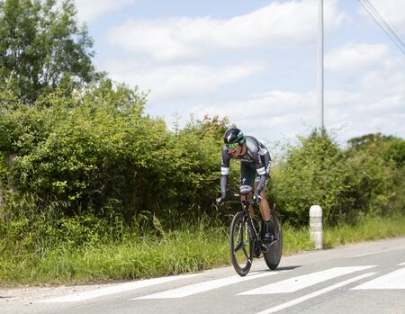 Bourgoin-Jallieu, France - 07, May, 2017: The German cyclist Silvio Herklotz of Bora-Hansgrohe Team  riding during the time trial stage 4 of Criterium du Dauphine 2017.のeditorial素材