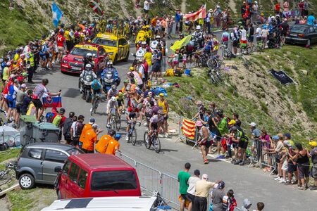 Col du Turmalet, France - July 27, 2018: The breakaway with Julian Alaphilippe in Polka-Dot-Jersey, climbing the road to Col du Tourmalet in Pyrenees during the 19 stage of Tour de France 2018.のeditorial素材