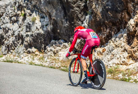 Col du Serre de Tourre,France - July 15,2016: The Spanish cyclist Alberto Losada of Katusha Team riding during an individual time trial stage in Ardeche Gorges on Col du Serre de Tourre during Tour de France 2016のeditorial素材