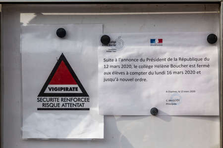 Chartres, France - March 15, 2020: Image of a French notice at the entrance in a school few hours...
