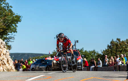 Col du Serre de Tourre, France - July 15,2016: The American cyclist Tejay van Garderen of Trek-Segafredo Team riding during an individual time trial stage in Ardeche Gorges on Col du Serre de Tourre during Tour de France 2016のeditorial素材