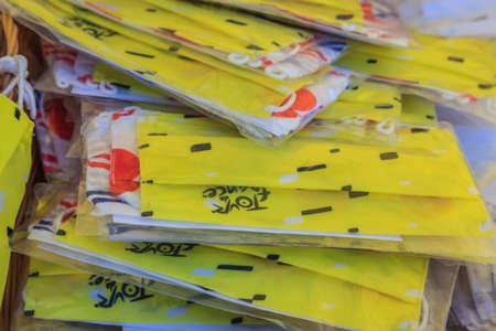 La Rochelle, France - September 08, 2020: Close-up of paks of face masks in a kiosk of souvenirs in...
