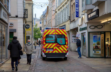 Chartres, France - October 30, 2020: Image of an ambulance driving in the street less than 24 hours...