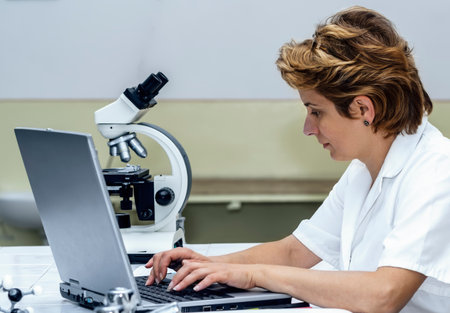 Female scientist working in front of her laptop in a laboratory.の写真素材