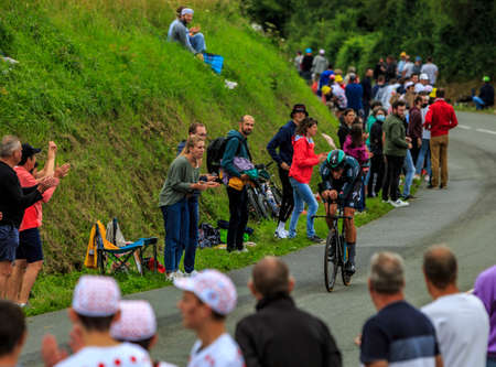 Louverne, France - June 30, 2021: The German cyclist Nils Politt of Bora-Hansgrohe Team rides in the rain during the stage 5 (Individual Time Trial) of Le Tour de France 2021.のeditorial素材